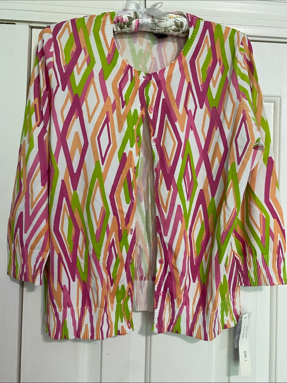 Geometric Print Button-Front Cardigan - Pink/Green/Orange